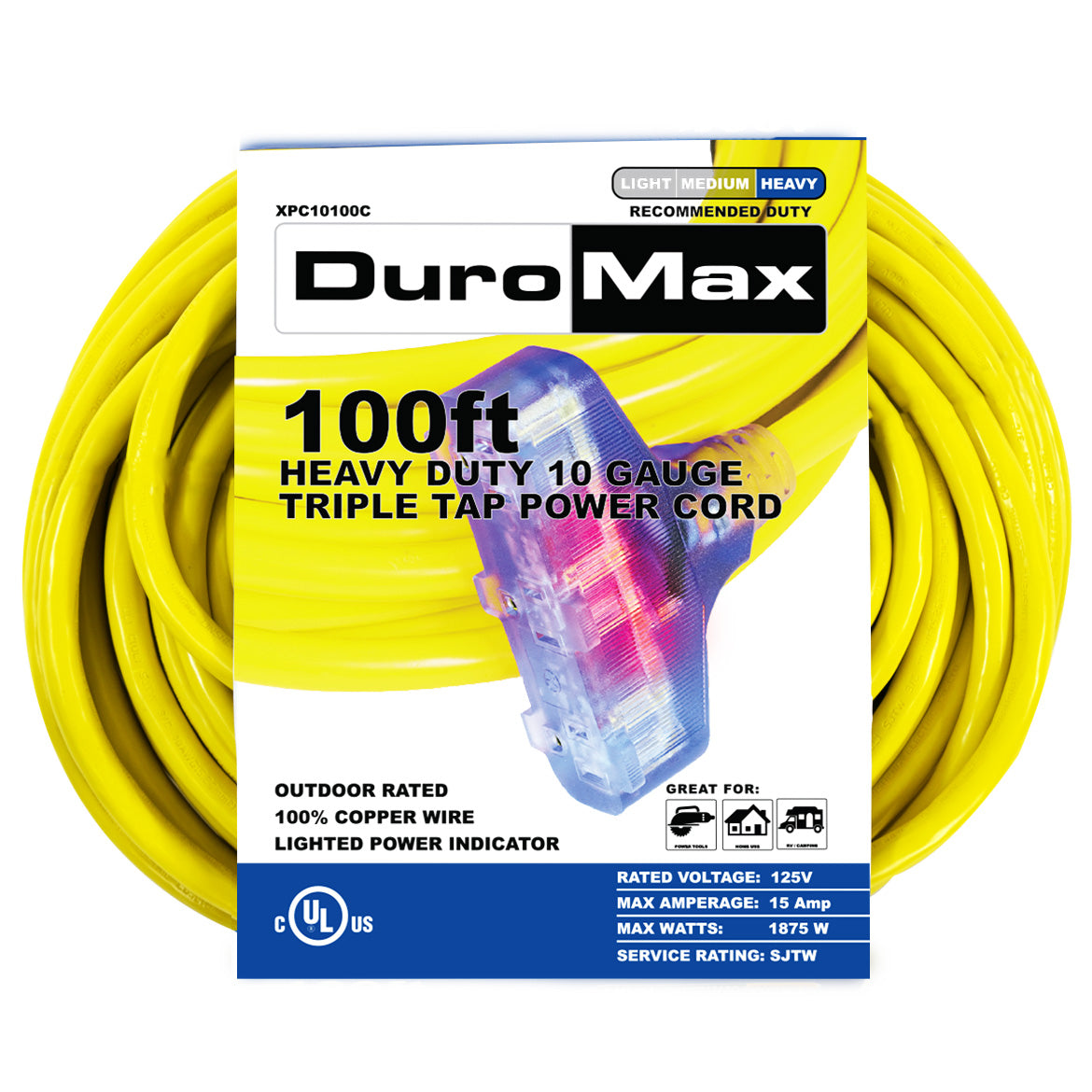 100Foot 10 Gauge Triple Tap Extension Power Cord XPC10100C DuroMax