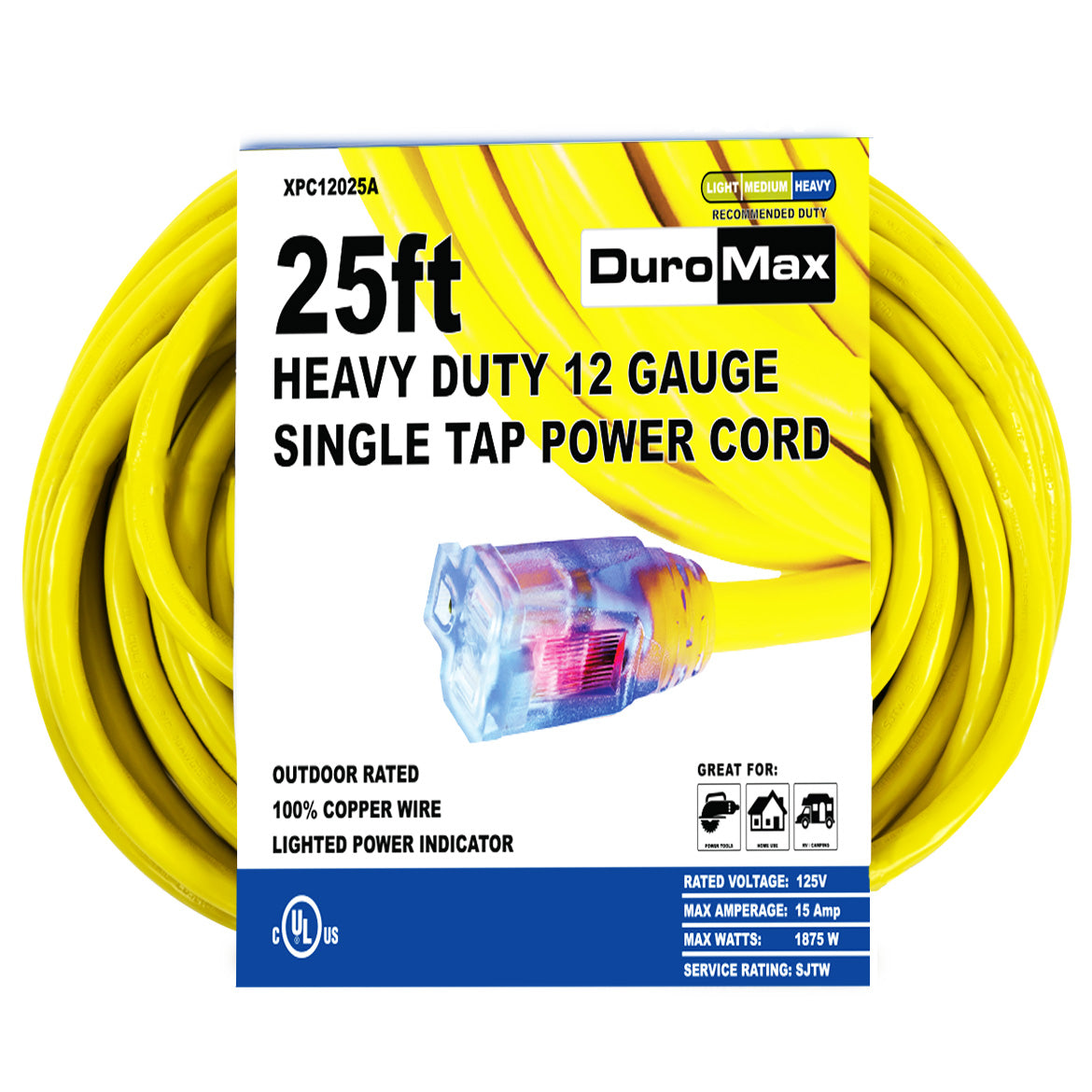 25-Foot 12 Gauge Single Tap Extension Power Cord – DuroMax Power