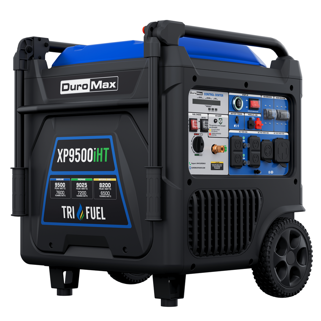 portable battery operated generator DuroMax XP9500iHT 9,500 Watt Portable Tri Fuel Inverter Generator