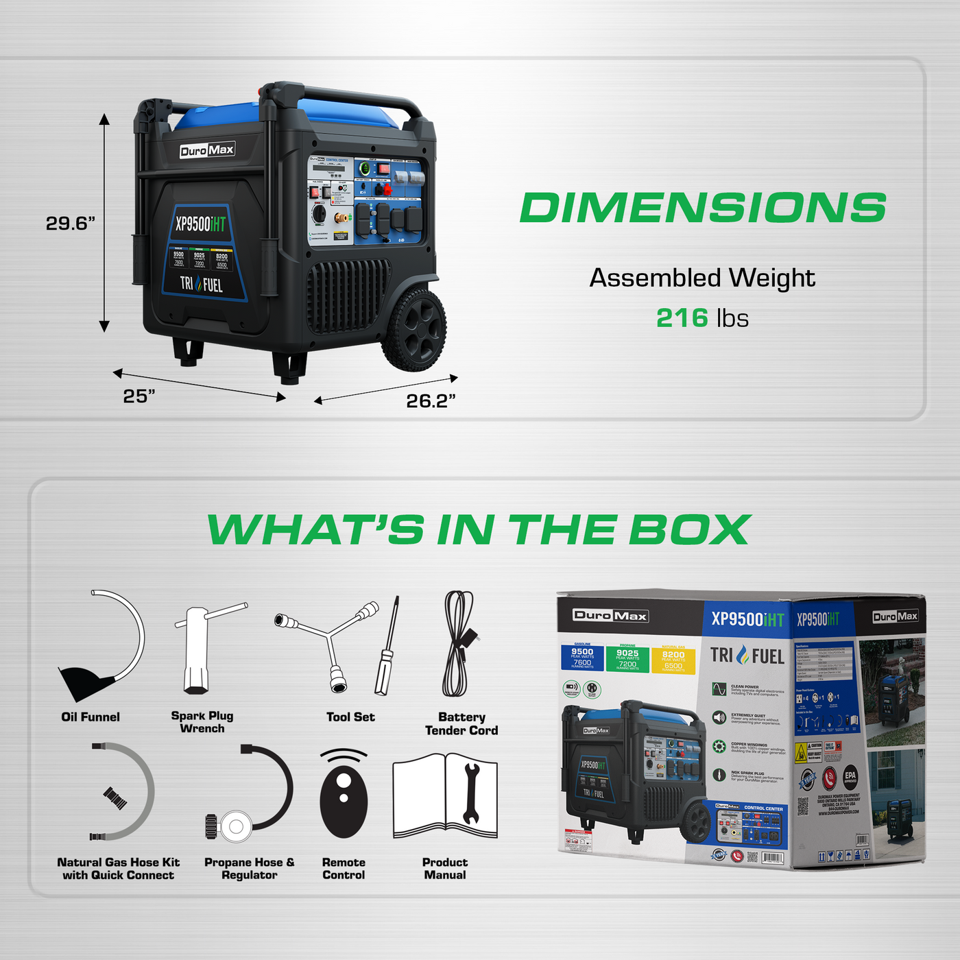 9,500 Watt Portable Tri Fuel Inverter Generator - Quiet, Low THD
