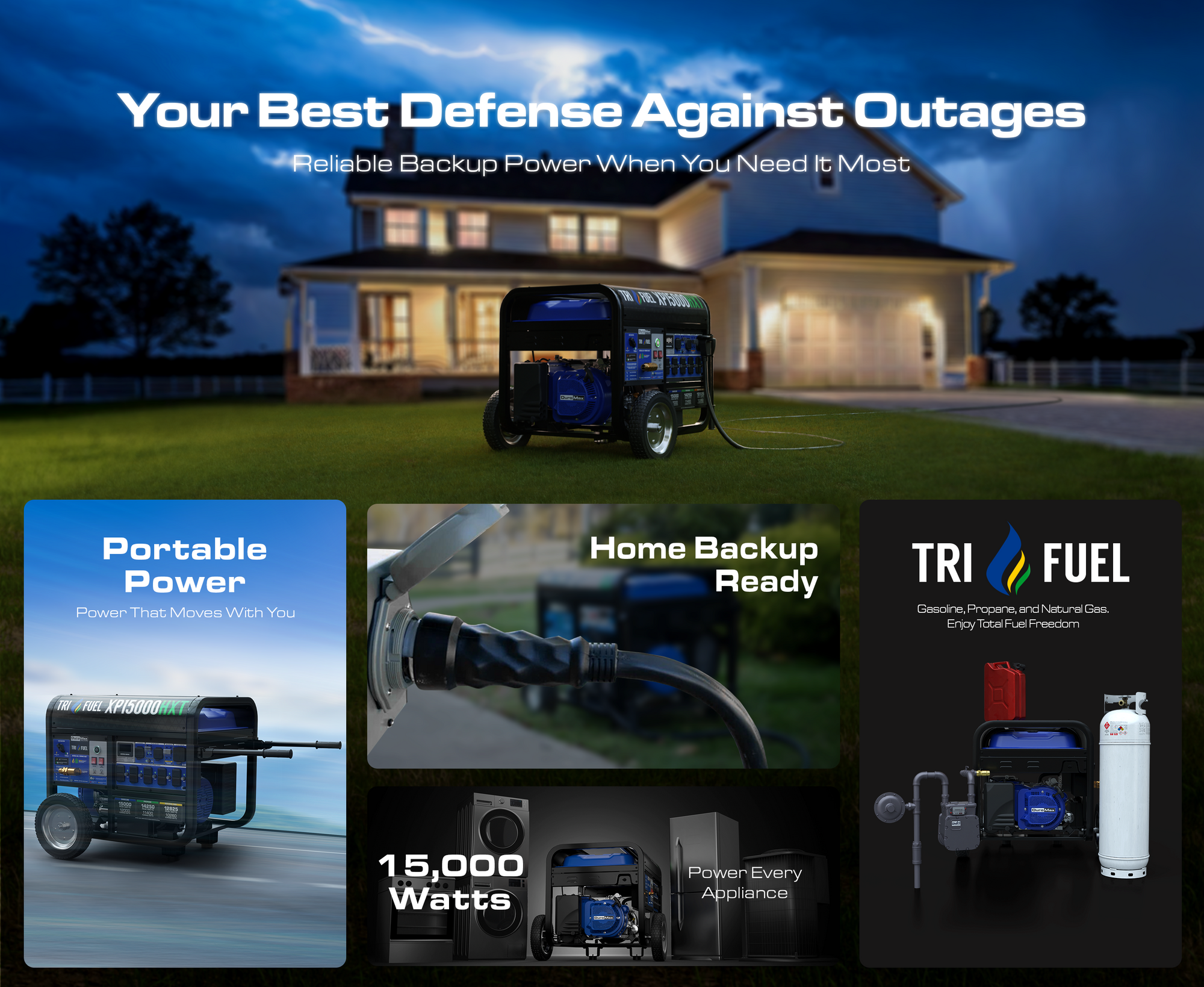 15,000W Tri Fuel Generator for Home Backup
