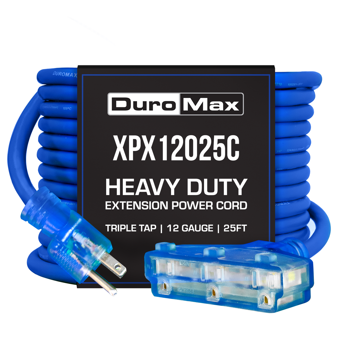 DuroMax XPX12025C Heavy Duty SJEOOW 25-Foot 12 Gauge Blue Triple Tap Extension Power Cord