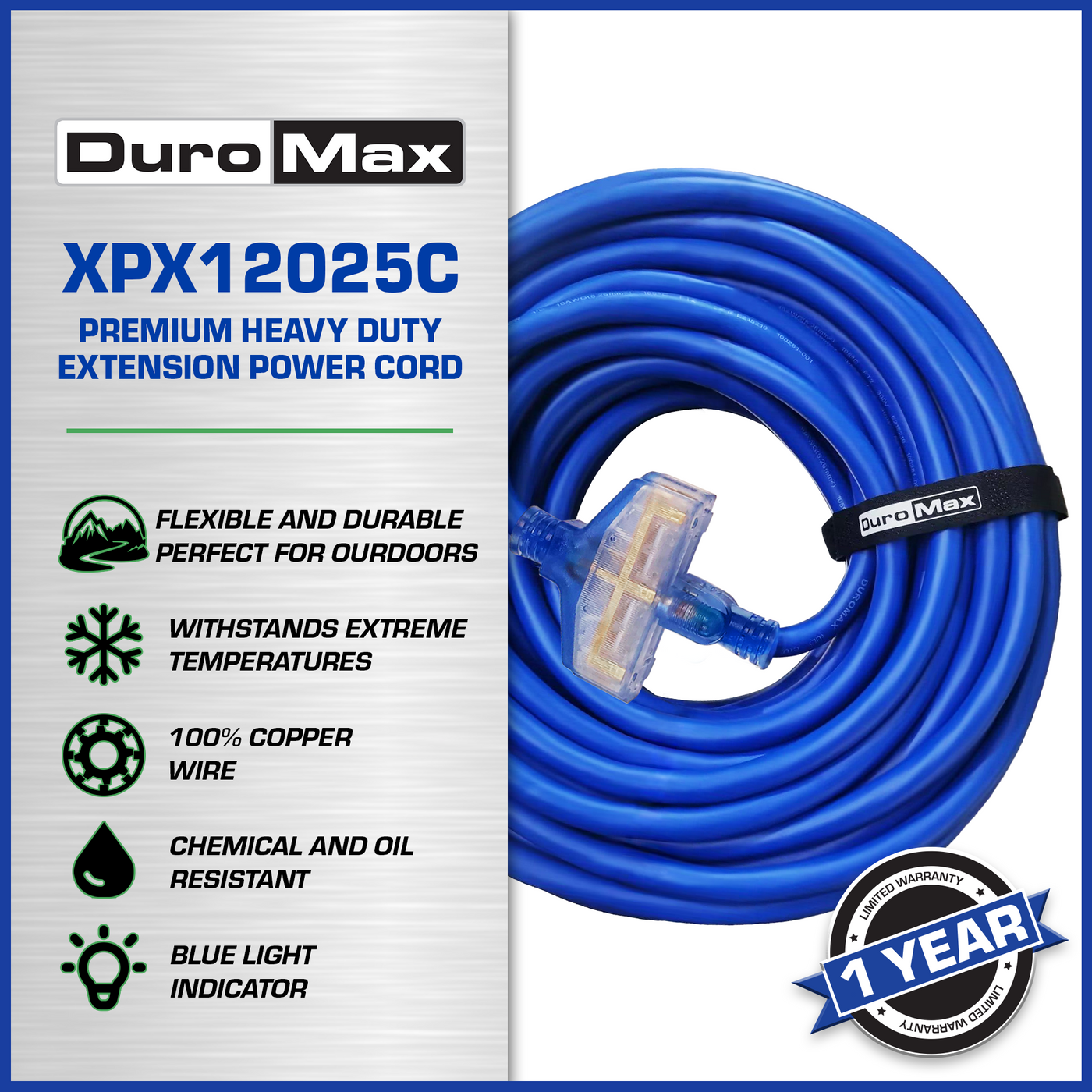 DuroMax  DuroMax XPX12025C Heavy Duty SJEOOW 25-Foot 12 Gauge Blue Triple Tap Extension Power Cord