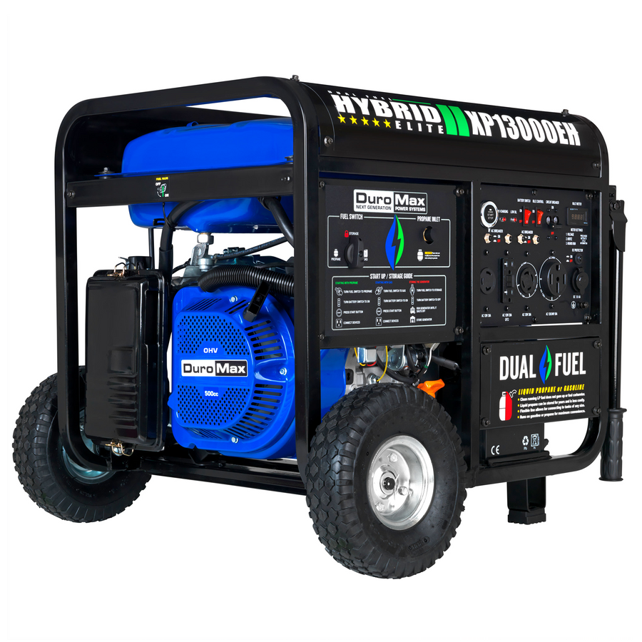 Open-frame generator on a black tubular roll cage, angled front left on plain white. Two large knobby pneumatic wheels sit on the near side with rubber support feet at the far end; a blue fuel tank sits on top and a blue-shrouded overhead-valve engine with a black air-cleaner box fills the left half of the frame. The front carries two panels side by side: a fuel-management panel with a rotary fuel selector knob, a gasoline and propane toggle, a threaded propane inlet fitting and a printed start-up sequence chart; and a power panel with a digital readout, a key ignition with battery and idle-control switches, a row of push circuit breakers, and a receptacle bank of covered twist-lock and duplex household outlets. A tubular grab handle projects from the right side.