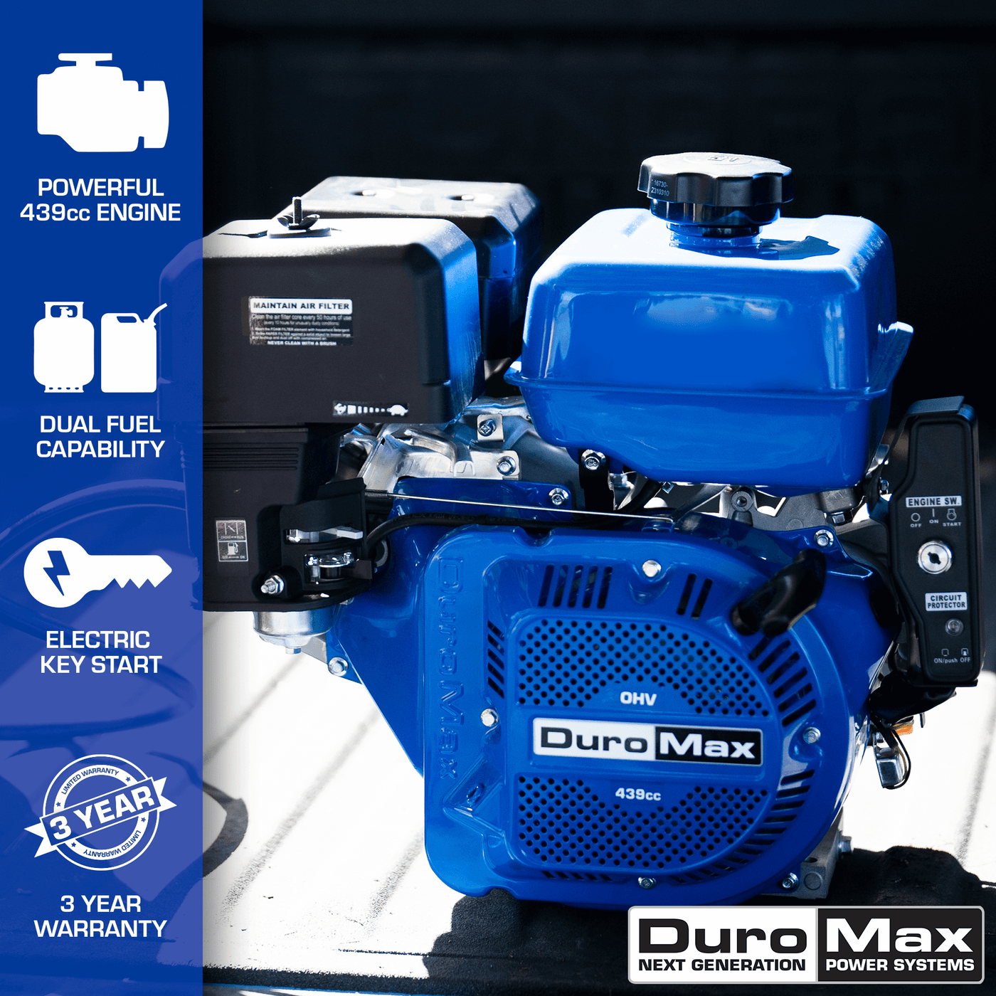 DuroMax  439cc 1" Shaft Recoil/Electric Start Horizontal Dual Fuel Engine