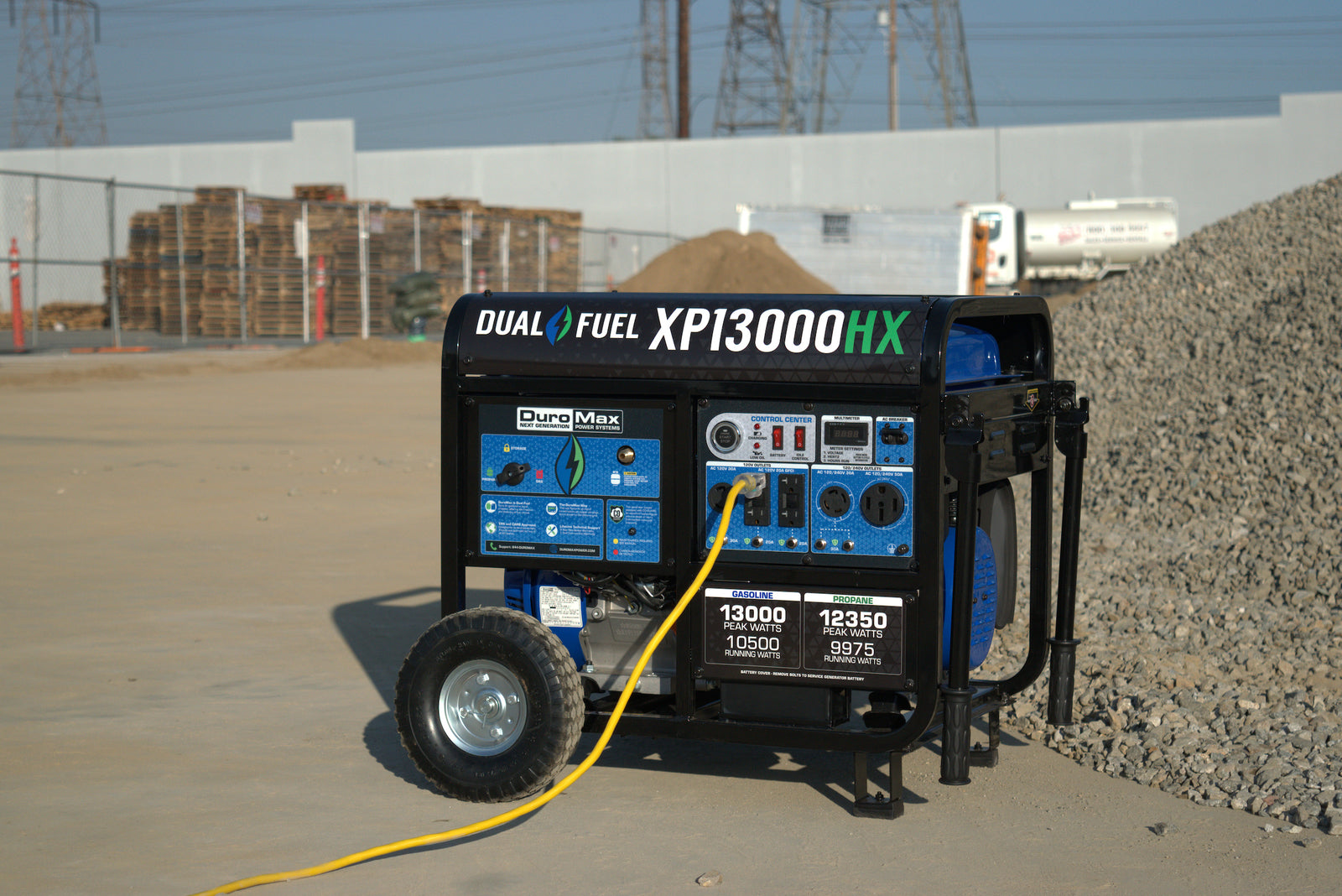 DuroMax HX generator running outside a home